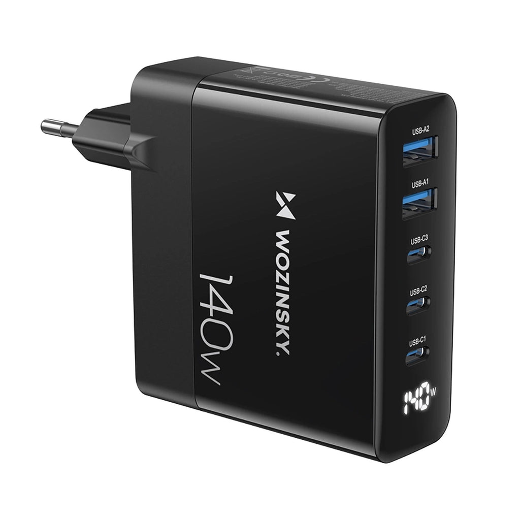 GaN Wozinsky CGWCB 140W Wandladegerät 3 x USB-C / 2 x USB-A - Schwarz