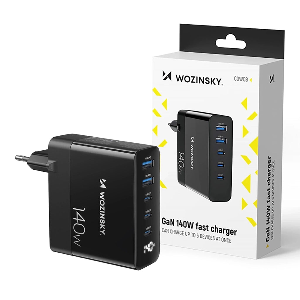 GaN Wozinsky CGWCB 140W Wandladegerät 3 x USB-C / 2 x USB-A - Schwarz