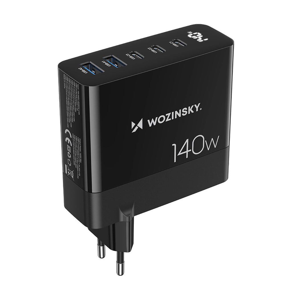 GaN Wozinsky CGWCB 140W Wandladegerät 3 x USB-C / 2 x USB-A - Schwarz