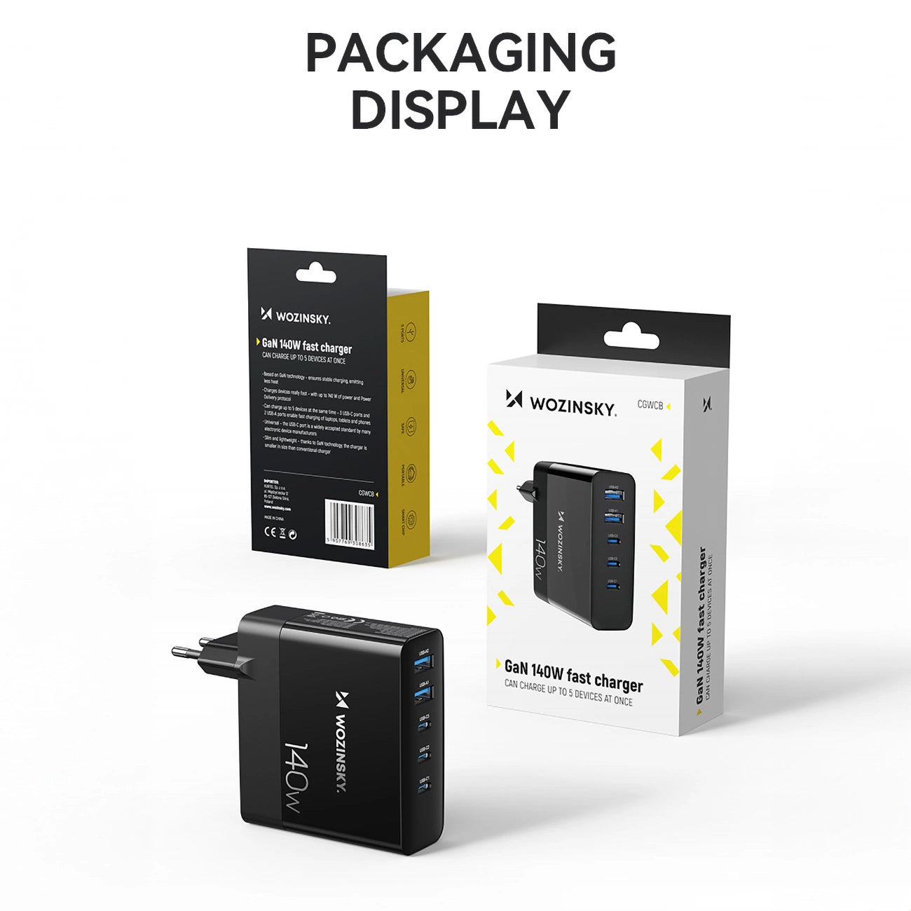 GaN Wozinsky CGWCB 140W Wandladegerät 3 x USB-C / 2 x USB-A - Schwarz