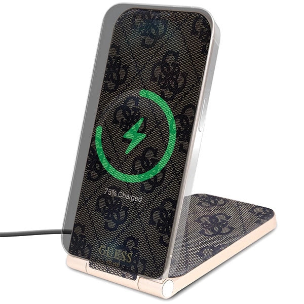 Guess 4G Pattern MagSafe faltbares 2in1 15W induktives Ladegerät – Braun