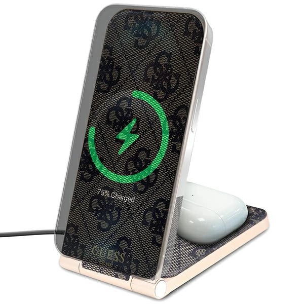 Guess 4G Pattern MagSafe faltbares 2in1 15W induktives Ladegerät – Braun