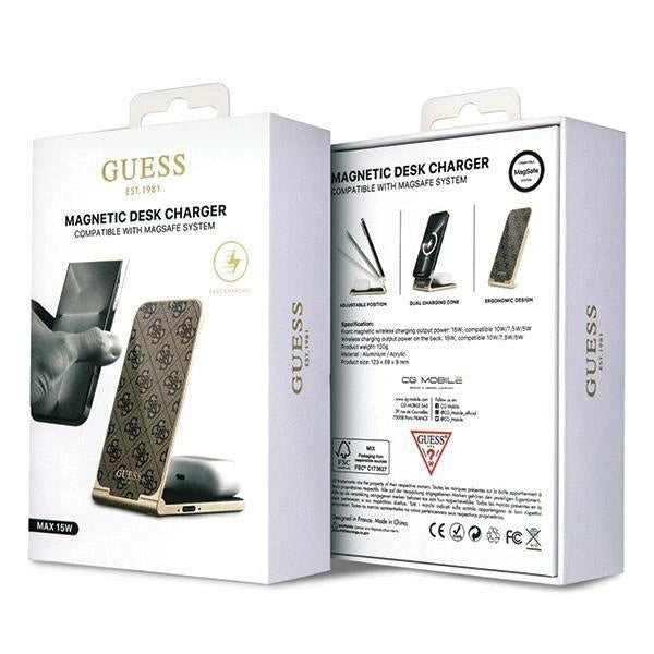 Guess 4G Pattern MagSafe faltbares 2in1 15W induktives Ladegerät – Braun