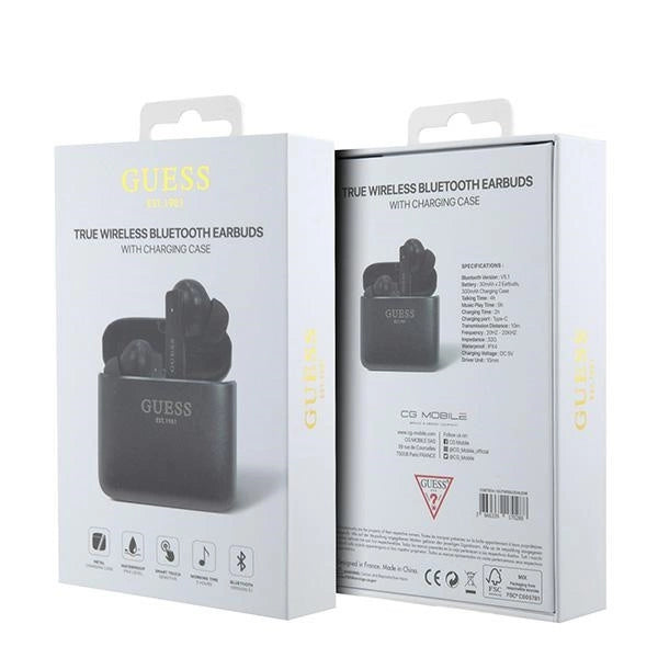 Guess Bluetooth-Kopfhörer GUTWSSU20ALEGK TWS + Dockingstation schwarz/schwarz gedrucktes Logo
