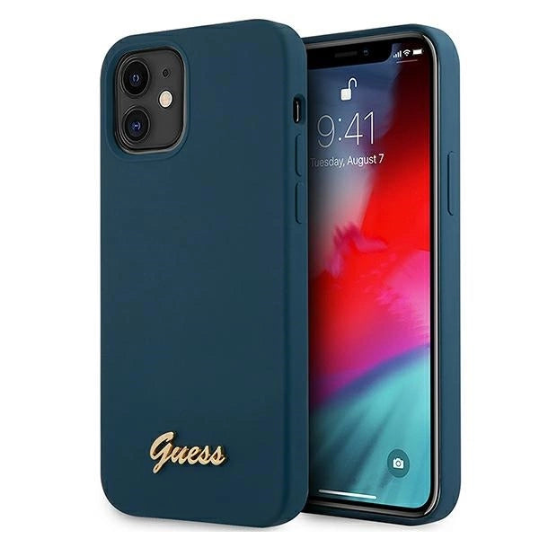 Guess, GUHCP12SLSLMGBL iPhone 12 mini 5,4" blau/blaues Hardcase Metall-Logo-Skript
