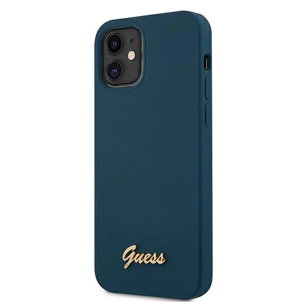 Guess, GUHCP12SLSLMGBL iPhone 12 mini 5,4" blau/blaues Hardcase Metall-Logo-Skript
