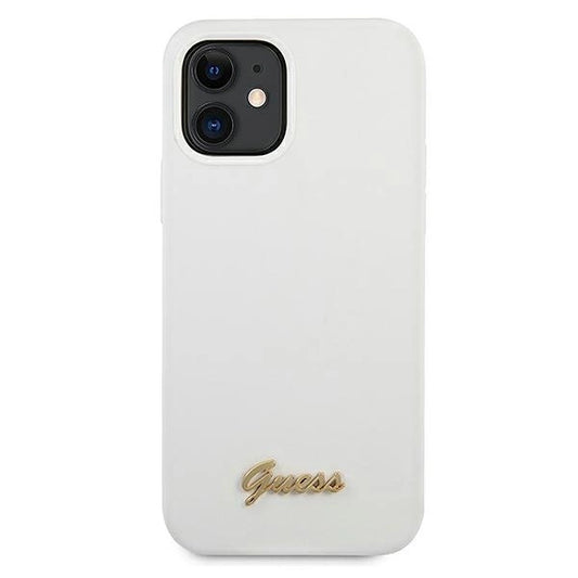 Guess, GUHCP12SLSLMGWH iPhone 12 mini 5,4" weiß/weißes Hardcase Metall-Logo-Schriftzug