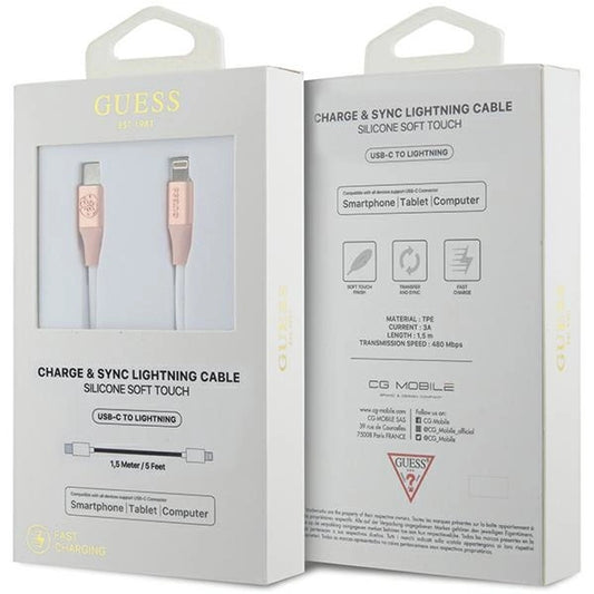 Guess Geprägtes Logo USB-C/ Lightning -Kabel 1,5 m Schnellladung – Pink