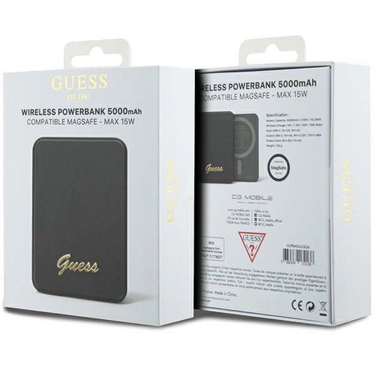 Guess MagSafe Metal Script Logo Induktions-Powerbank 15 W 5000 mAh – Schwarz