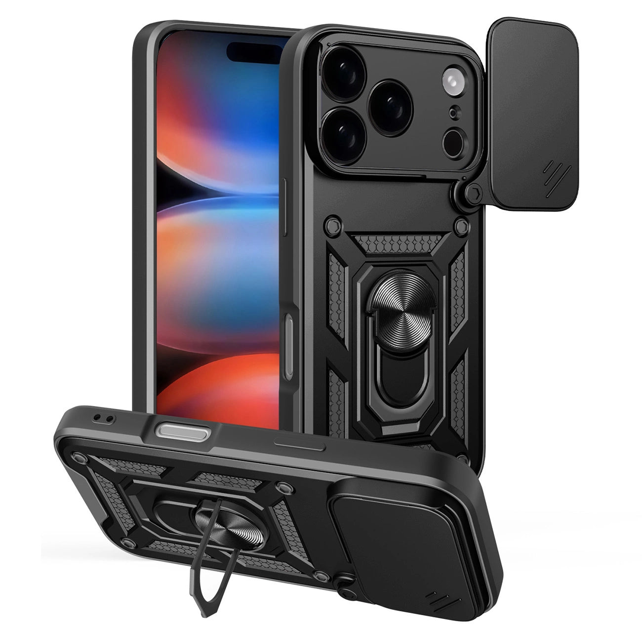 Hybrid Armor Camshield Case für iPhone 17 Pro Max mit Ständer und Kameraabdeckung - Schwarz