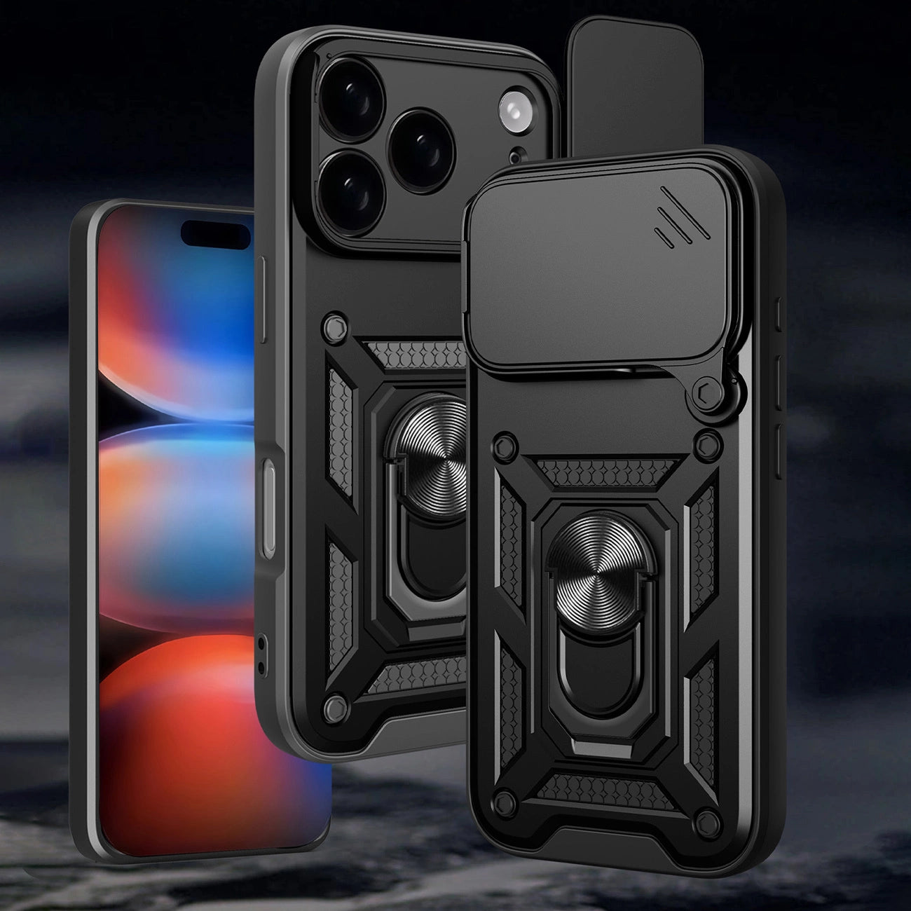 Hybrid Armor Camshield Case für iPhone 17 Pro Max mit Ständer und Kameraabdeckung - Schwarz