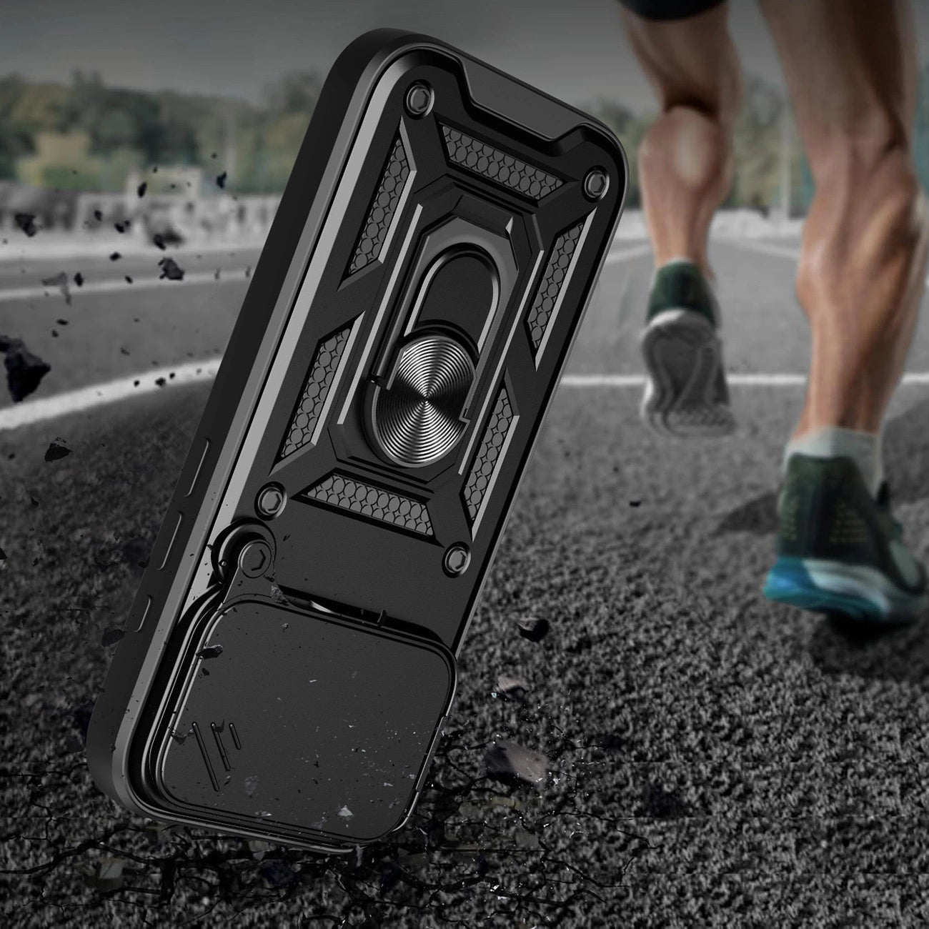 Hybrid Armor Camshield Case für iPhone 17 Pro Max mit Ständer und Kameraabdeckung - Schwarz