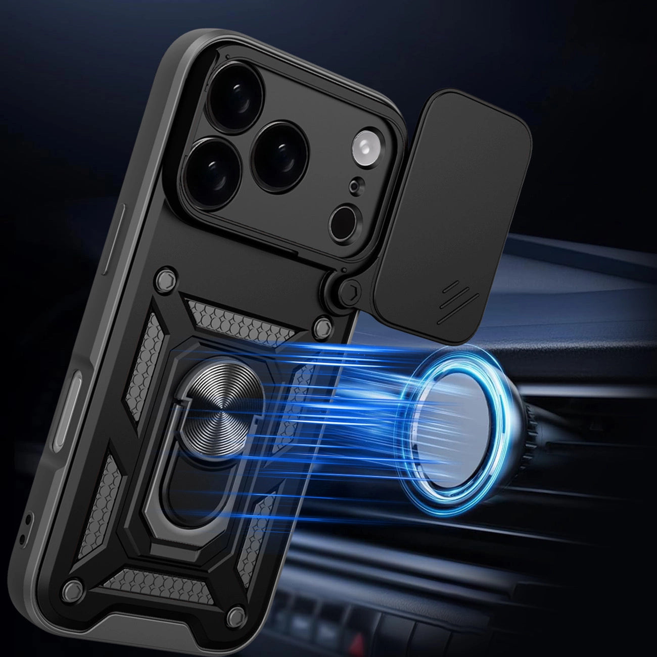 Hybrid Armor Camshield Case für iPhone 17 Pro Max mit Ständer und Kameraabdeckung - Schwarz