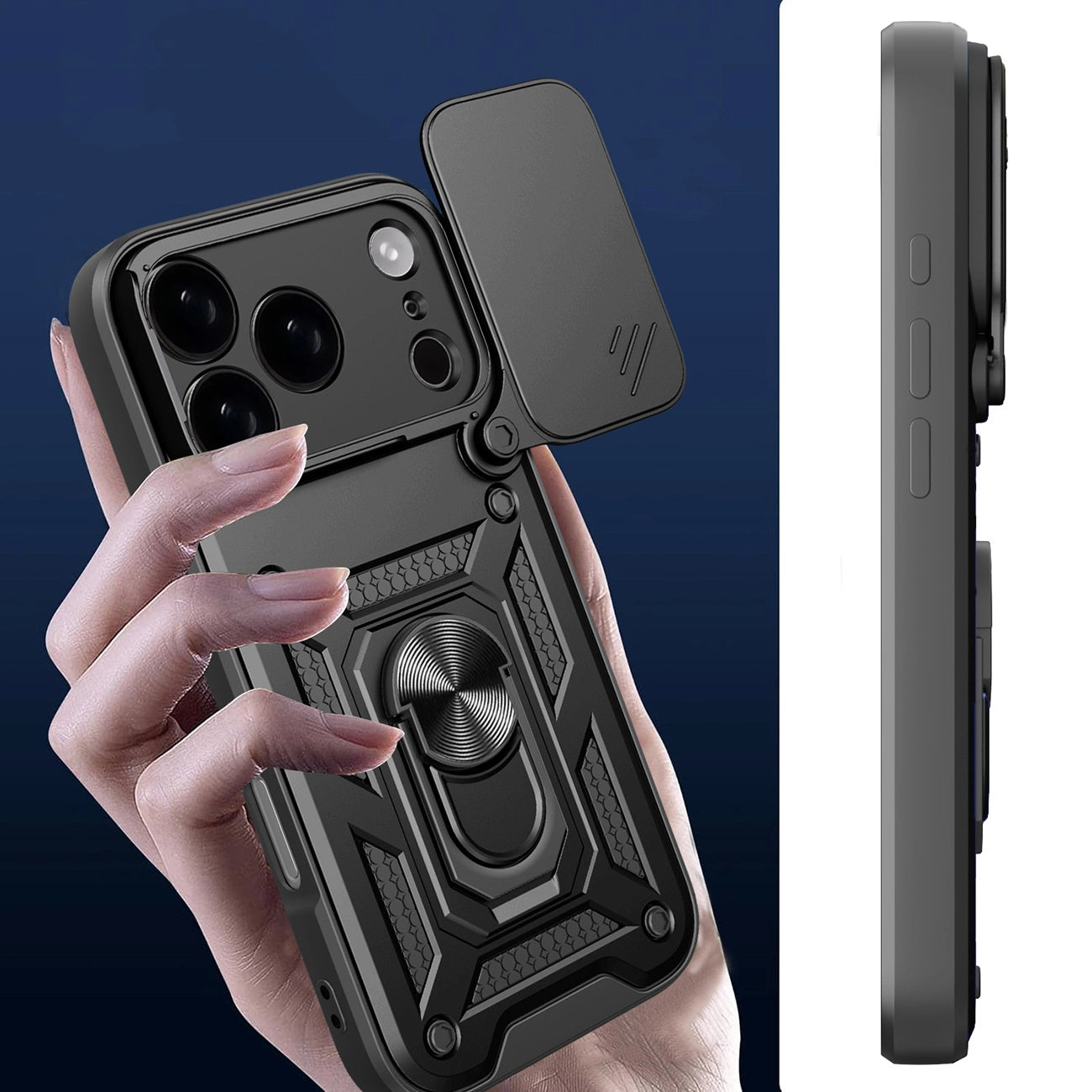 Hybrid Armor Camshield Case für iPhone 17 Pro Max mit Ständer und Kameraabdeckung - Schwarz