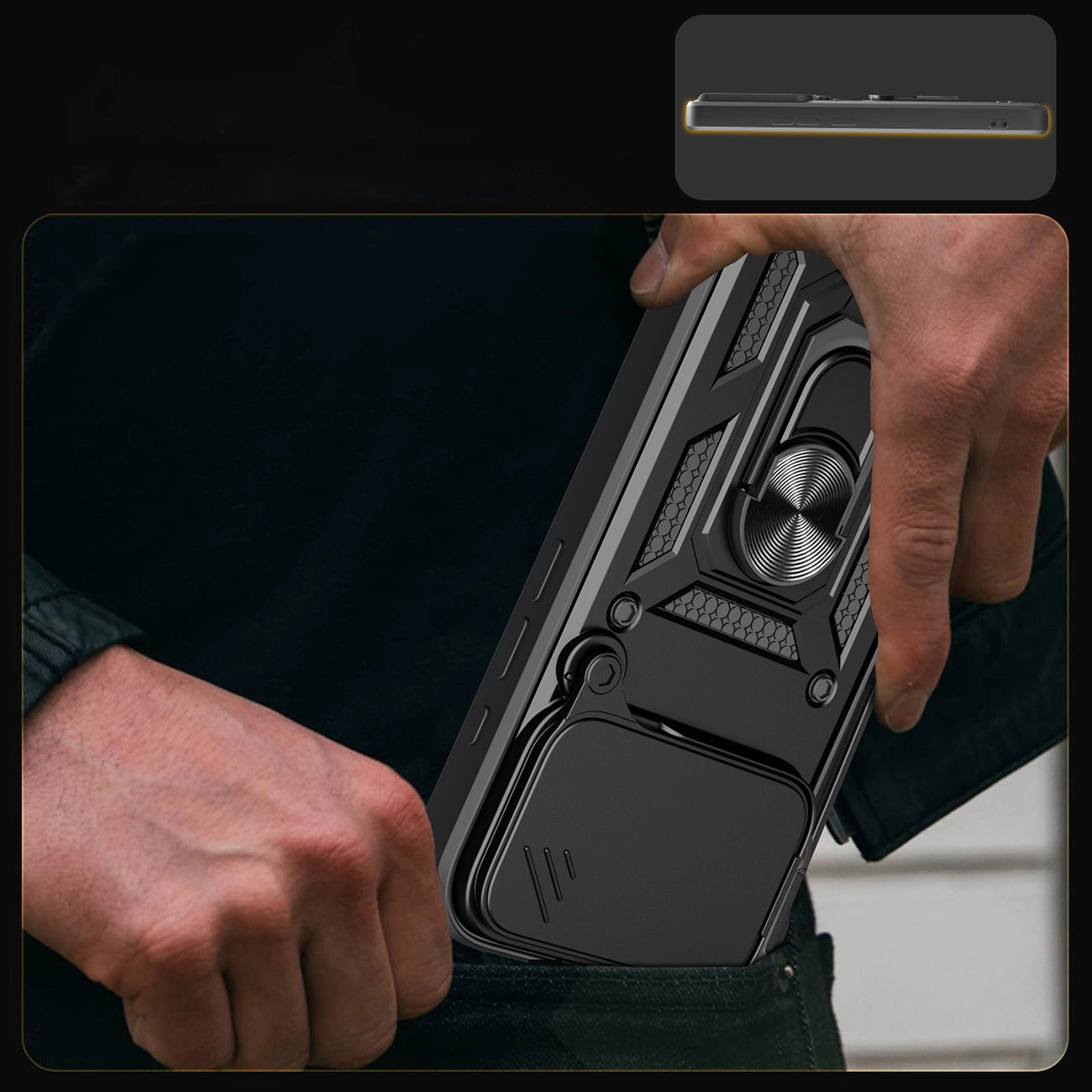 Hybrid Armor Camshield Case für iPhone 17 Pro Max mit Ständer und Kameraabdeckung - Schwarz