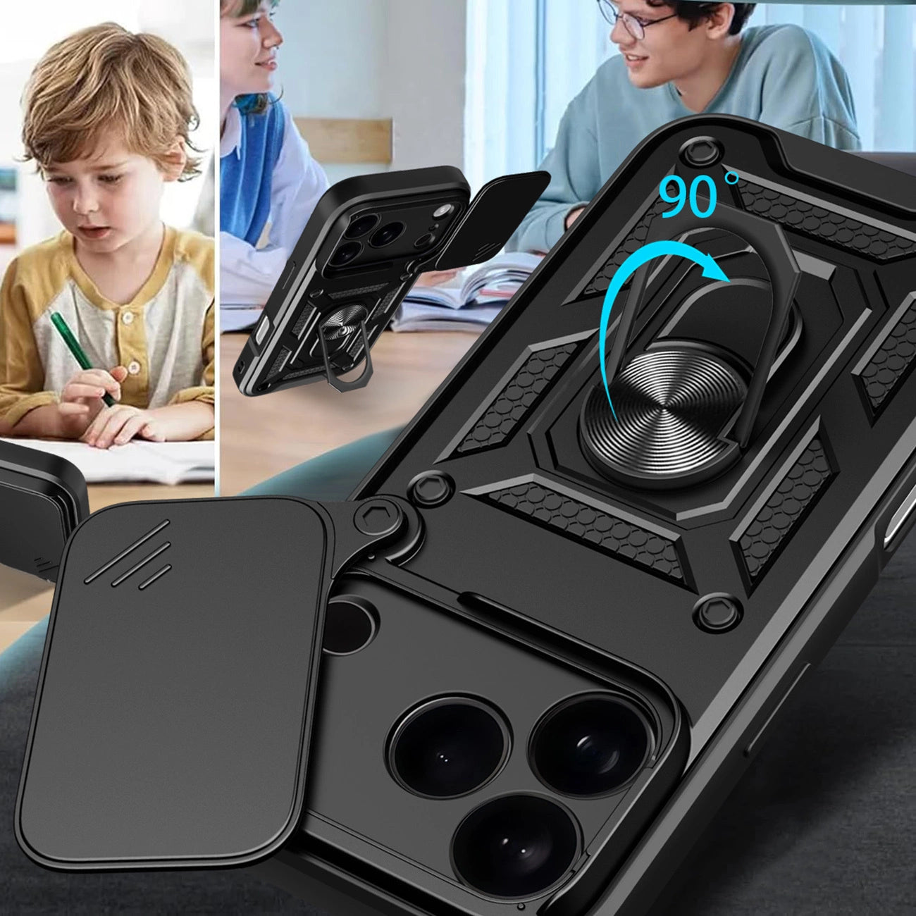 Hybrid Armor Camshield Case für iPhone 17 Pro Max mit Ständer und Kameraabdeckung - Schwarz