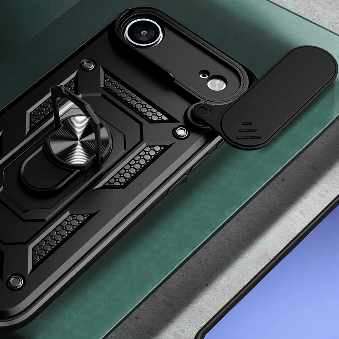 Hybrid Armor Camshield iPhone 17 Air Hülle mit Ständer und Kameraabdeckung - Schwarz