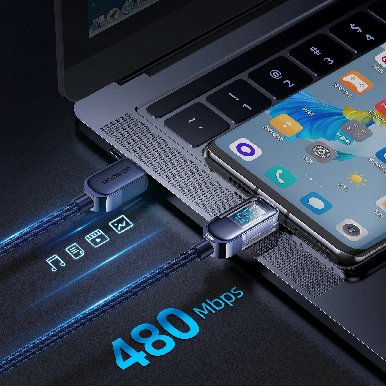 Joyroom A4 USB-C / USB-C 100 W 1,2 m Kabel mit Display – Blau