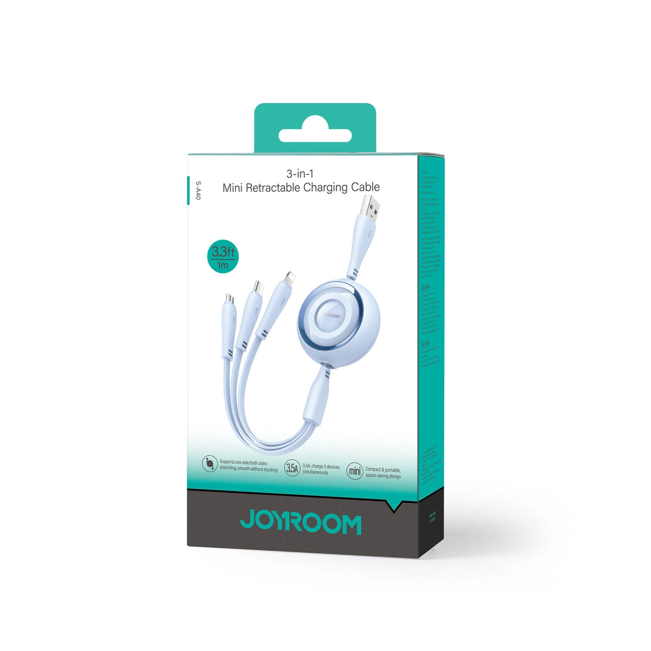 Joyroom Colorful Series S-A40 einziehbares Kabel 3in1 USB-A – USB-C / Lightning / Micro-USB 1 m – blau