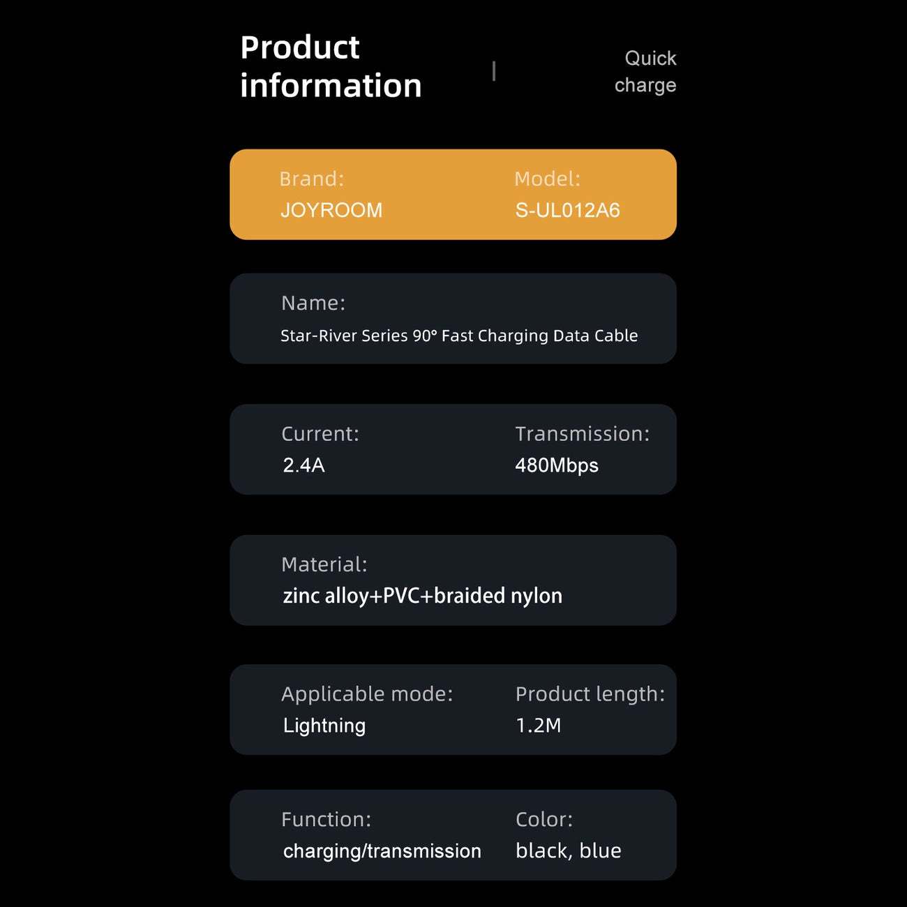 Joyroom Gaming-Kabel S-UL012A6 Lightning (gewinkelt) / USB-A (gerade) 2,4 A 1,2 m – blau