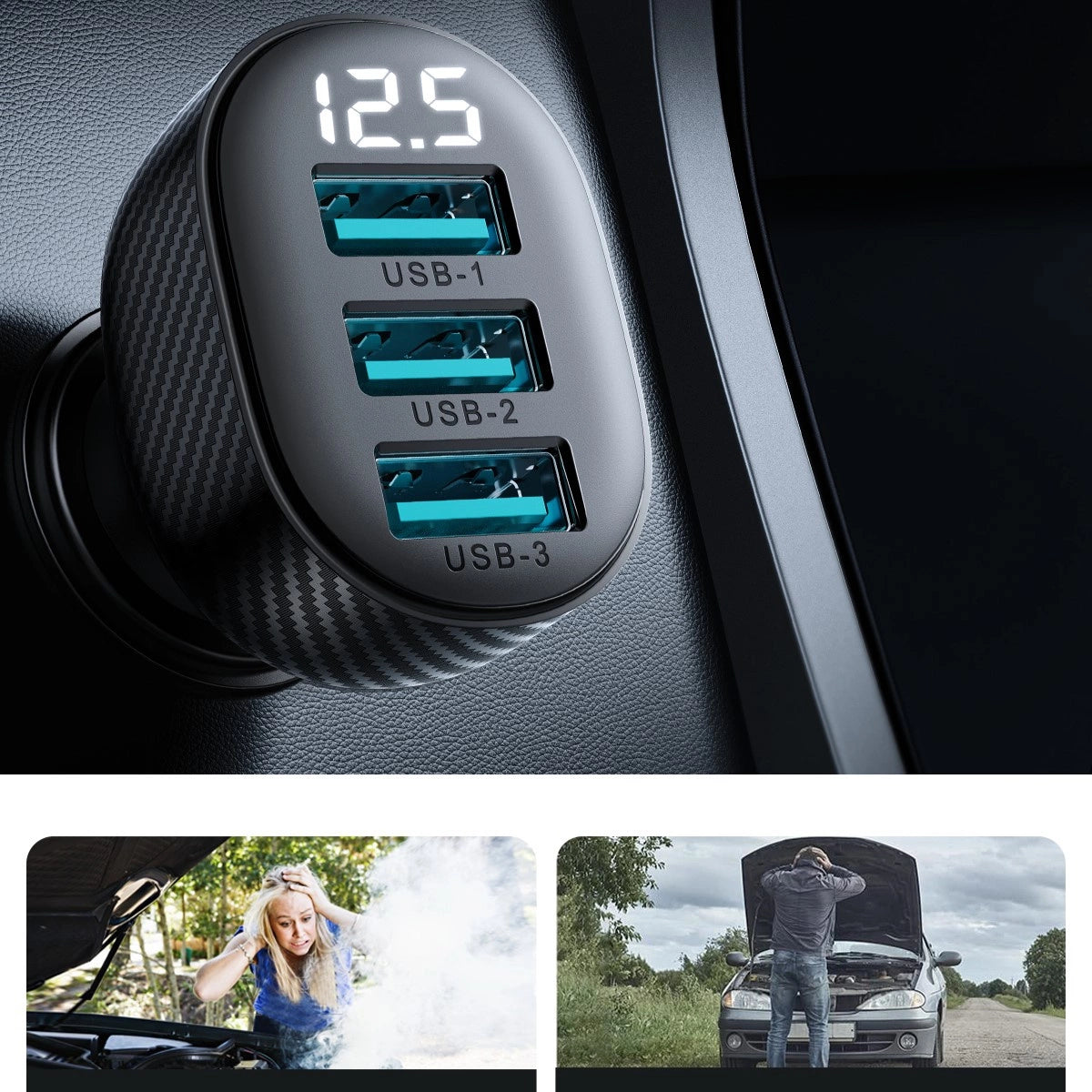 Joyroom JR-CCD03 3,4A Kfz-Ladegerät mit Display und 3x USB-A-Anschlüssen – Schwarz