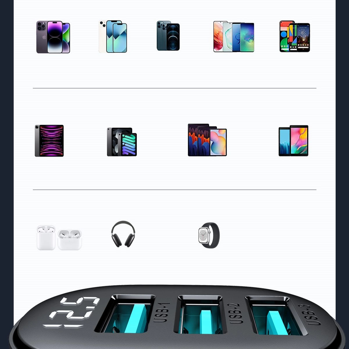 Joyroom JR-CCD03 3,4A Kfz-Ladegerät mit Display und 3x USB-A-Anschlüssen – Schwarz