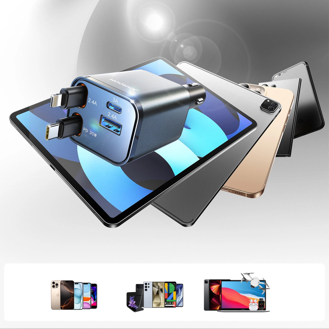 Joyroom JR-CCL05 30W 4-in-1 Autoladegerät mit 2 integrierten, einziehbaren Kabeln – Dunkelgrau