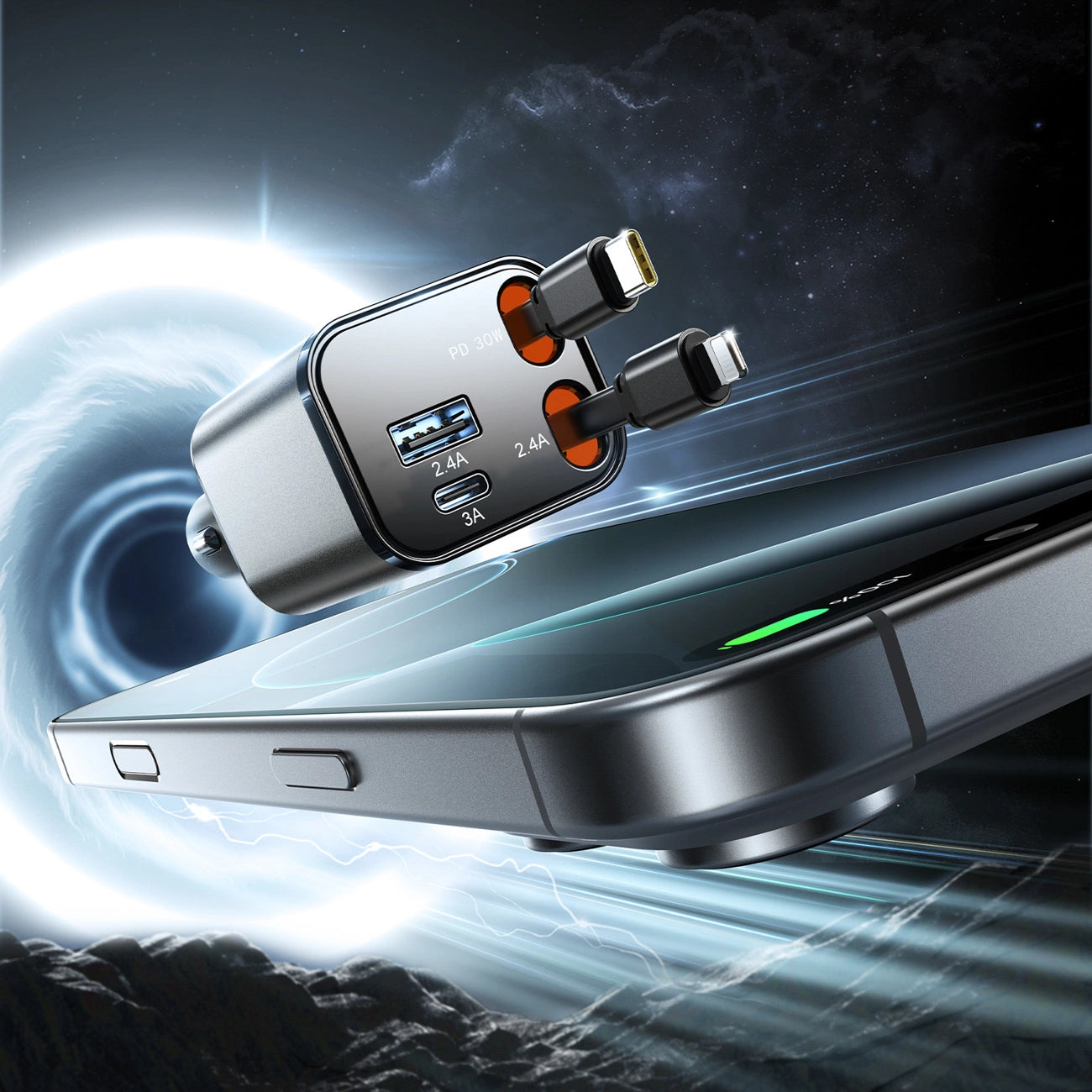 Joyroom JR-CCL05 30W 4-in-1 Autoladegerät mit 2 integrierten, einziehbaren Kabeln – Dunkelgrau