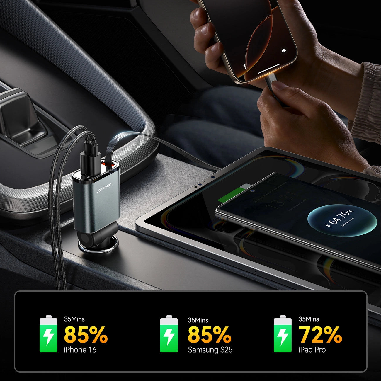 Joyroom JR-CCL07 3-in-1 Autoladegerät mit integriertem einziehbarem Kabel - Dunkelgrau