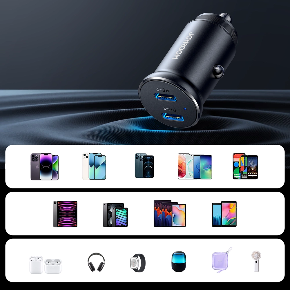 Joyroom JR-CCN06 30W 2x USB-C Mini-Autoladegerät aus Metall – Schwarz