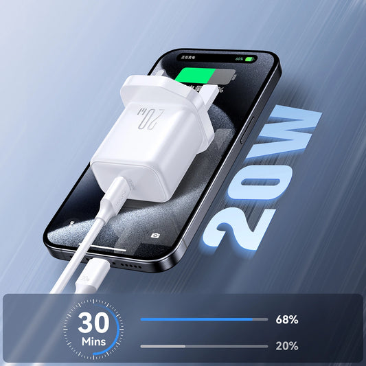 Joyroom JR-TCF20 PD 20W Wandladegerät (UK-Stecker) mit 1 m USB-C-Kabel – Weiß