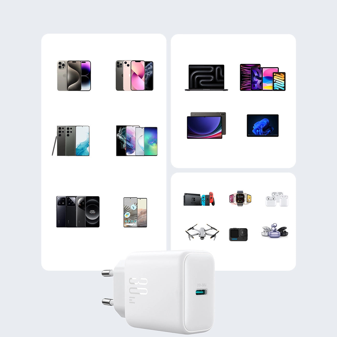 Joyroom JR-TCF24 USB-C PD 30W QC SFC Netzwerkladegerät – Weiß + 1 m USB-C-Kabel