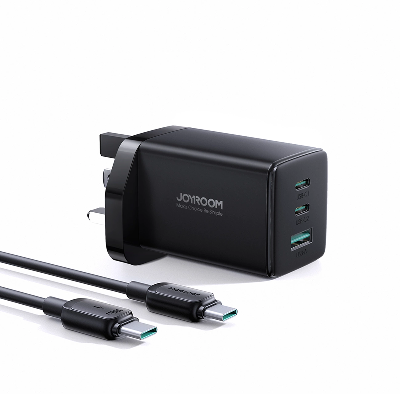 Joyroom JR-TCG01 Ultra GaN 65W Wandladegerät 2 x USB-C + 1 x USB-A (UK-Stecker) mit 100W 1,2m USB-C-Kabel - Schwarz
