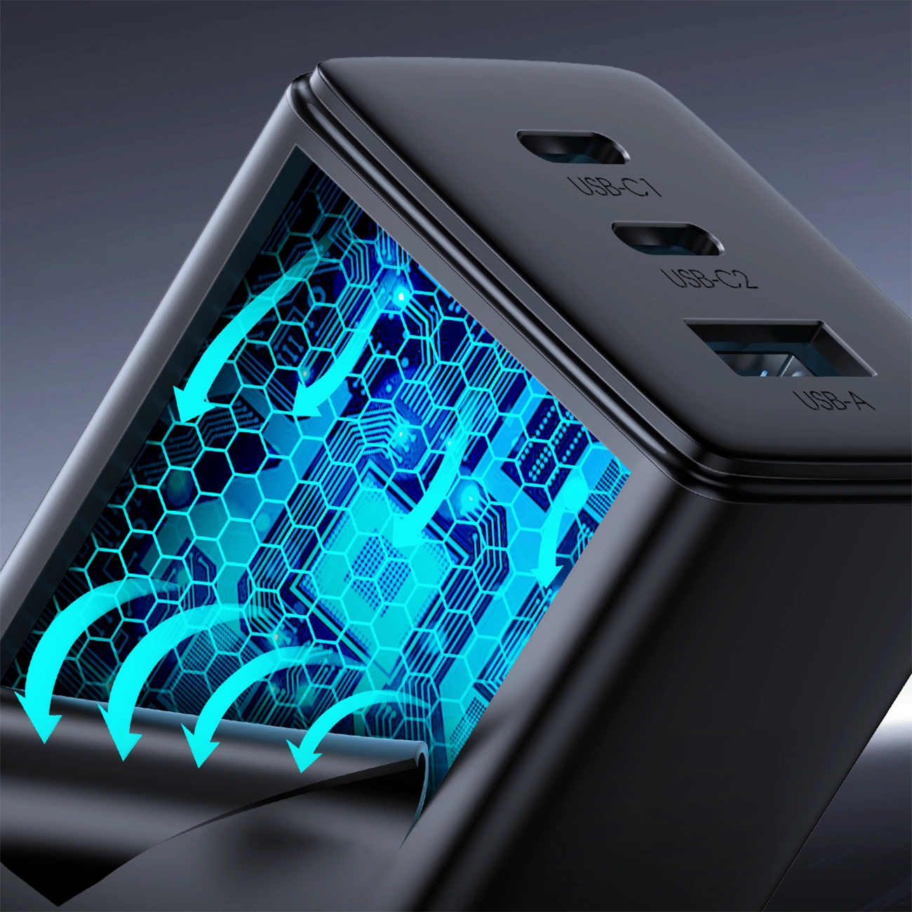 Joyroom JR-TCG01 Ultra GaN 65W Wandladegerät 2 x USB-C + 1 x USB-A (UK-Stecker) mit 100W 1,2m USB-C-Kabel - Schwarz