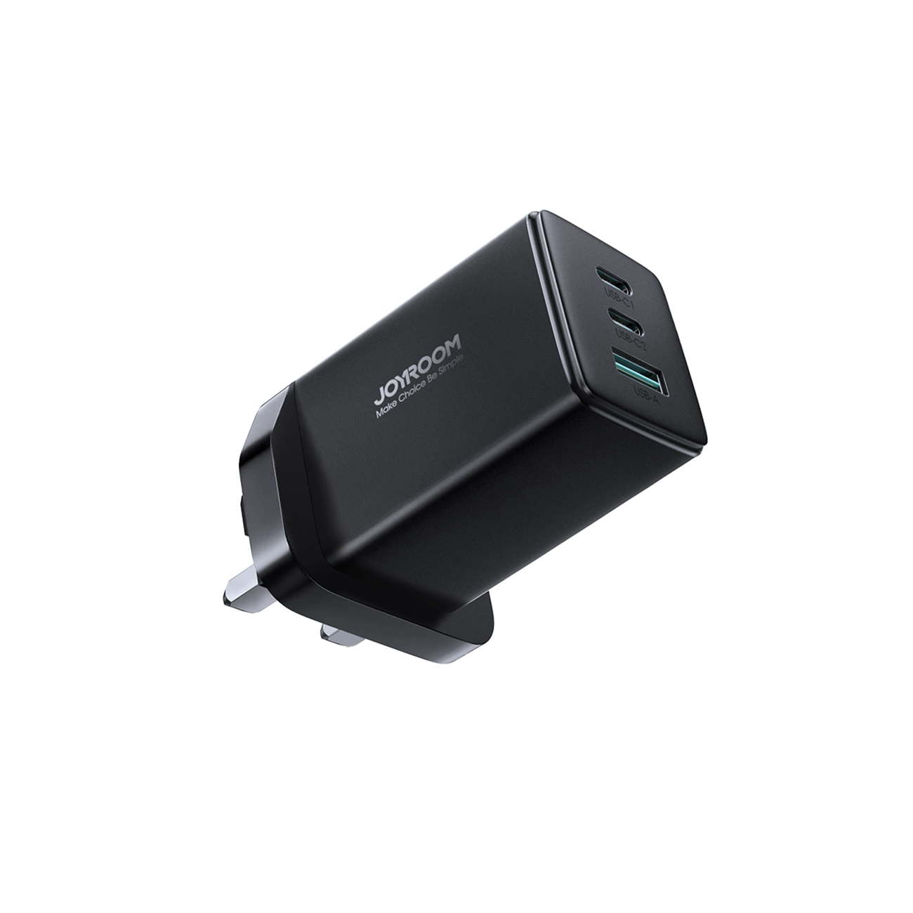 Joyroom JR-TCG01 Ultra GaN 65W Wandladegerät 2 x USB-C + 1 x USB-A (UK-Stecker) mit 100W 1,2m USB-C-Kabel - Schwarz