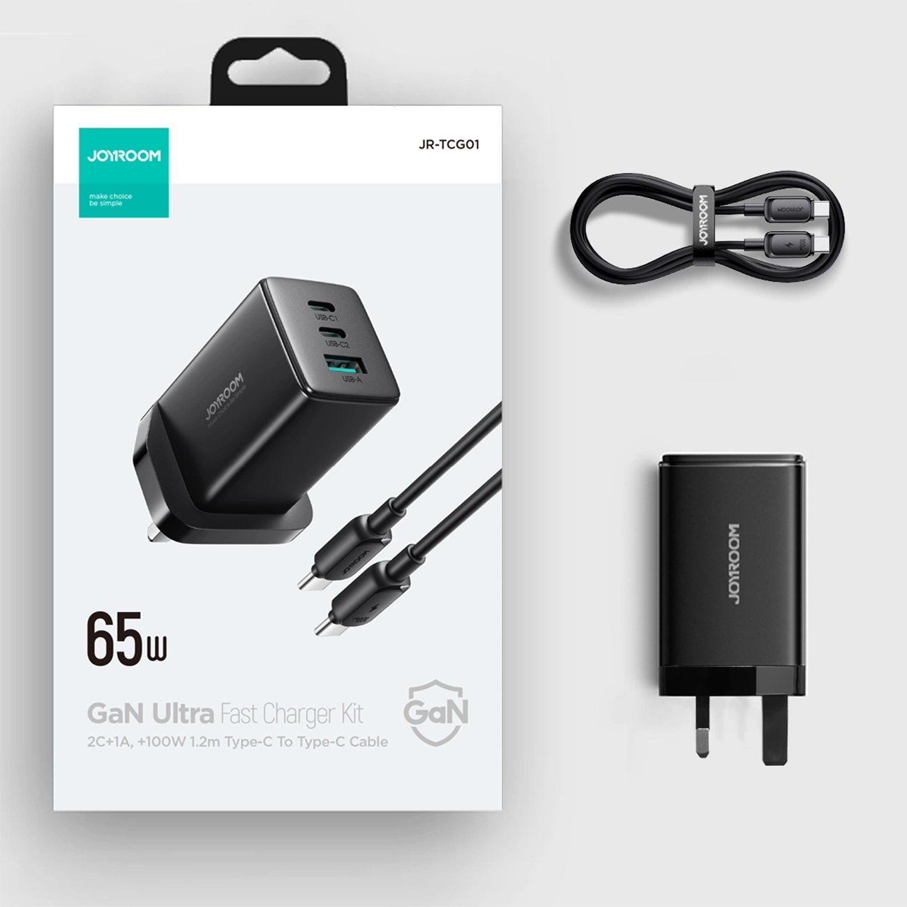 Joyroom JR-TCG01 Ultra GaN 65W Wandladegerät 2 x USB-C + 1 x USB-A (UK-Stecker) mit 100W 1,2m USB-C-Kabel - Schwarz