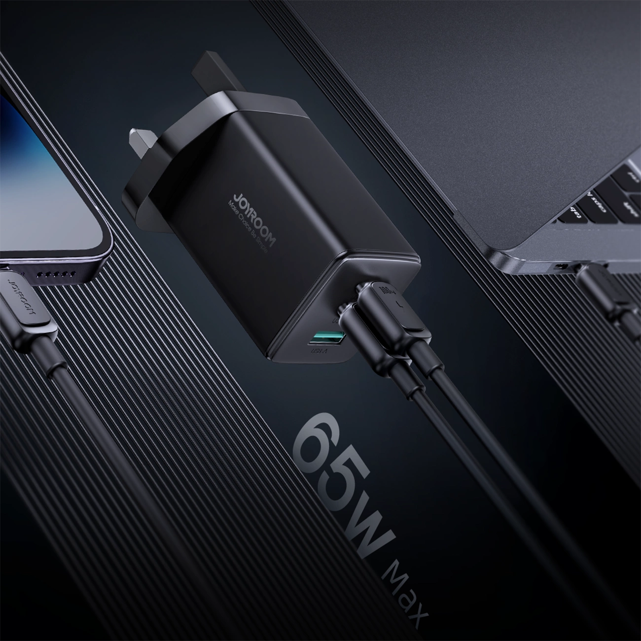 Joyroom JR-TCG01 Ultra GaN 65W Wandladegerät 2 x USB-C + 1 x USB-A (UK-Stecker) mit 100W 1,2m USB-C-Kabel - Schwarz