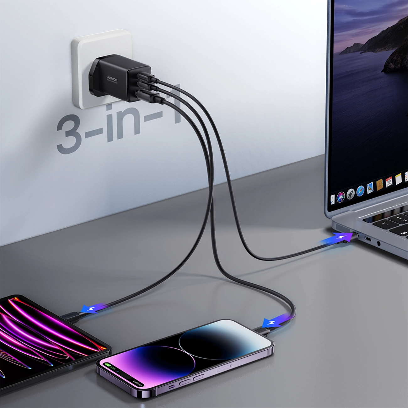 Joyroom JR-TCG01 Ultra GaN 65W Wandladegerät 2 x USB-C + 1 x USB-A (UK-Stecker) mit 100W 1,2m USB-C-Kabel - Schwarz