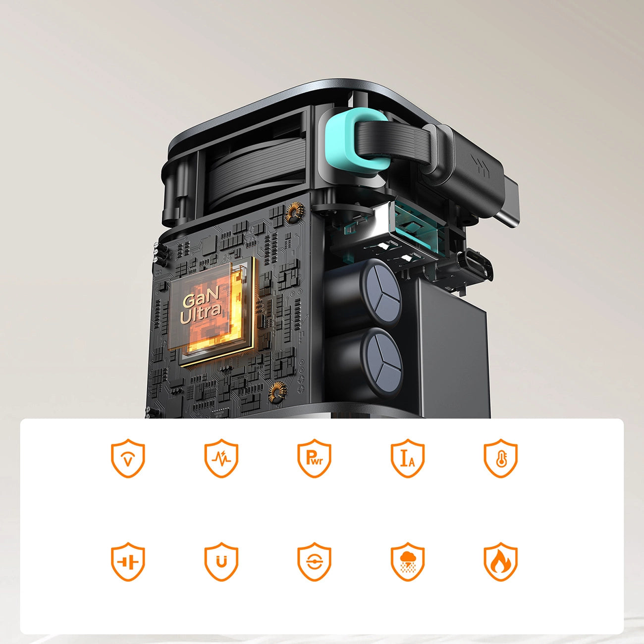 Joyroom JR-TCL02 65W USB-A USB-C GaN-Ladegerät mit integriertem USB-C-Kabel – Schwarz