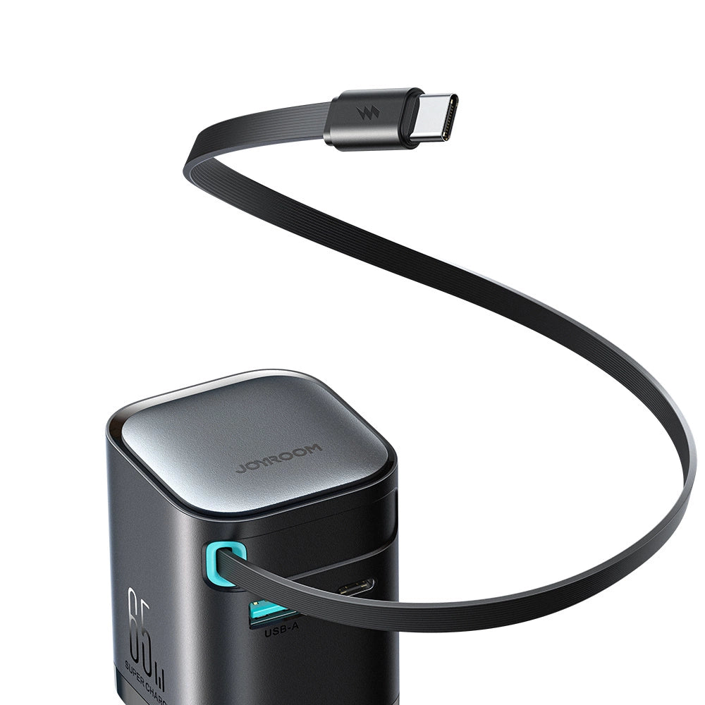 Joyroom JR-TCL02 65W USB-A USB-C GaN-Ladegerät mit integriertem USB-C-Kabel – Schwarz