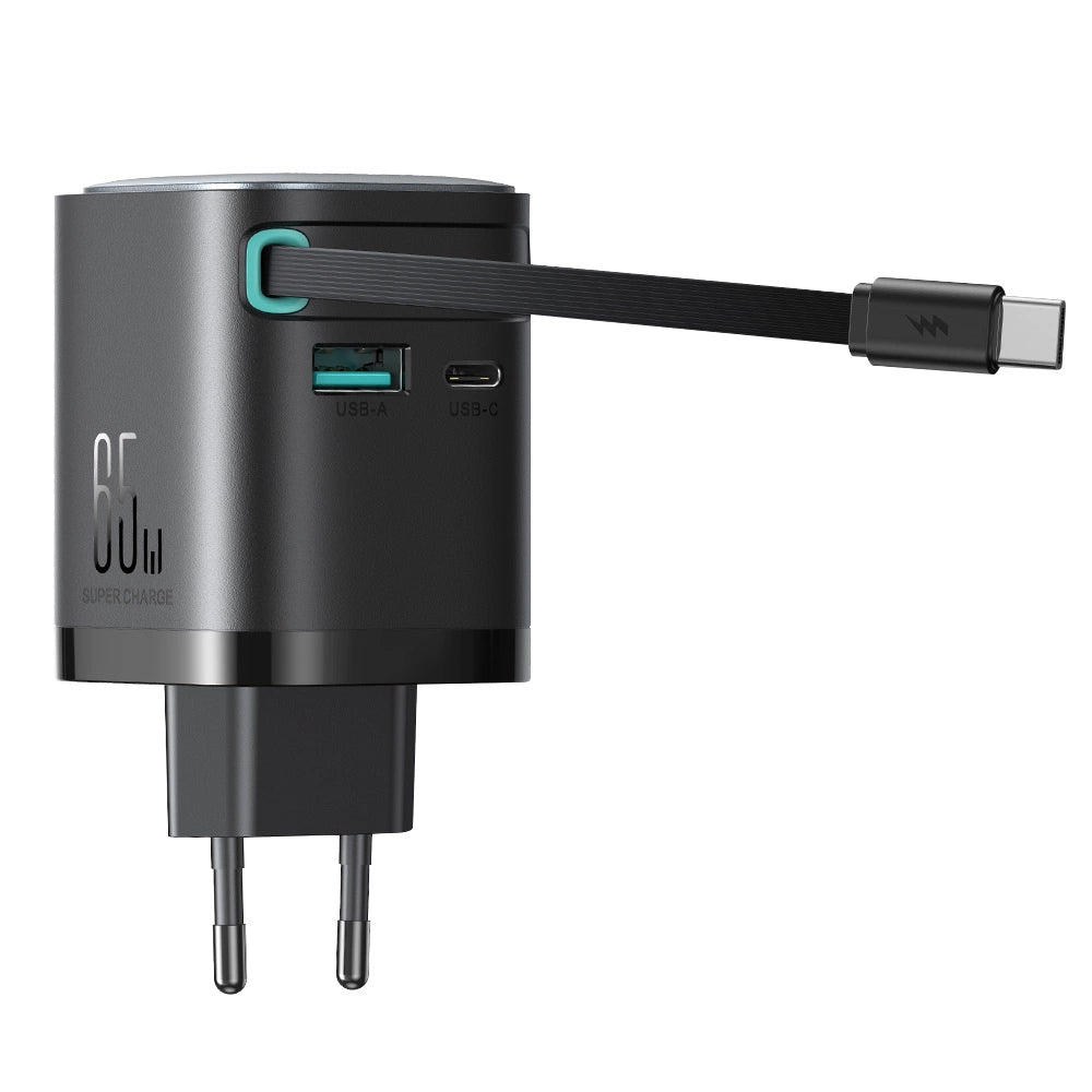 Joyroom JR-TCL02 65W USB-A USB-C GaN-Ladegerät mit integriertem USB-C-Kabel – Schwarz