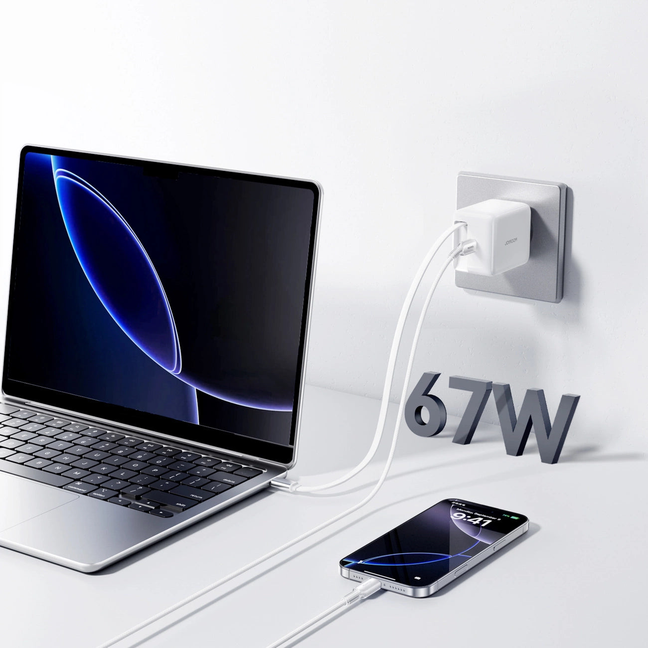 Joyroom JR-TCL06 67W GaN-Wandladegerät mit integriertem einziehbarem USB-C-Kabel - Weiß