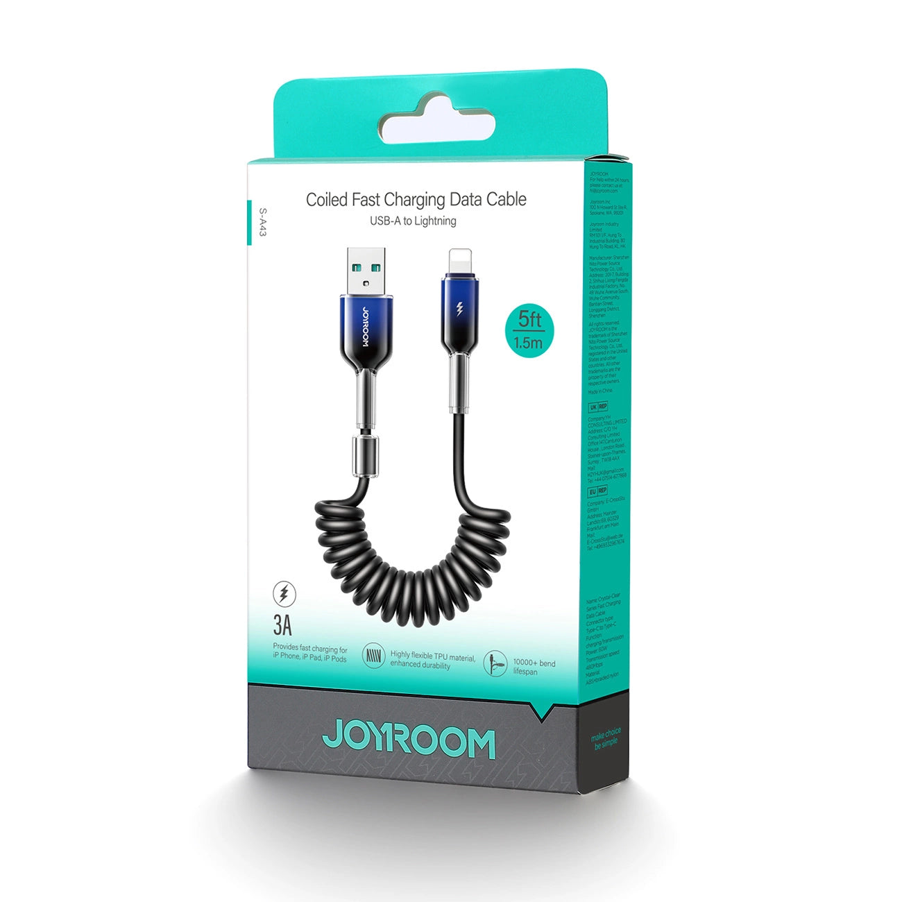 Joyroom S-A43 Crystal-Clear Serie 3A USB-A – Lightning Spiralkabel 1,5 m – Schwarz