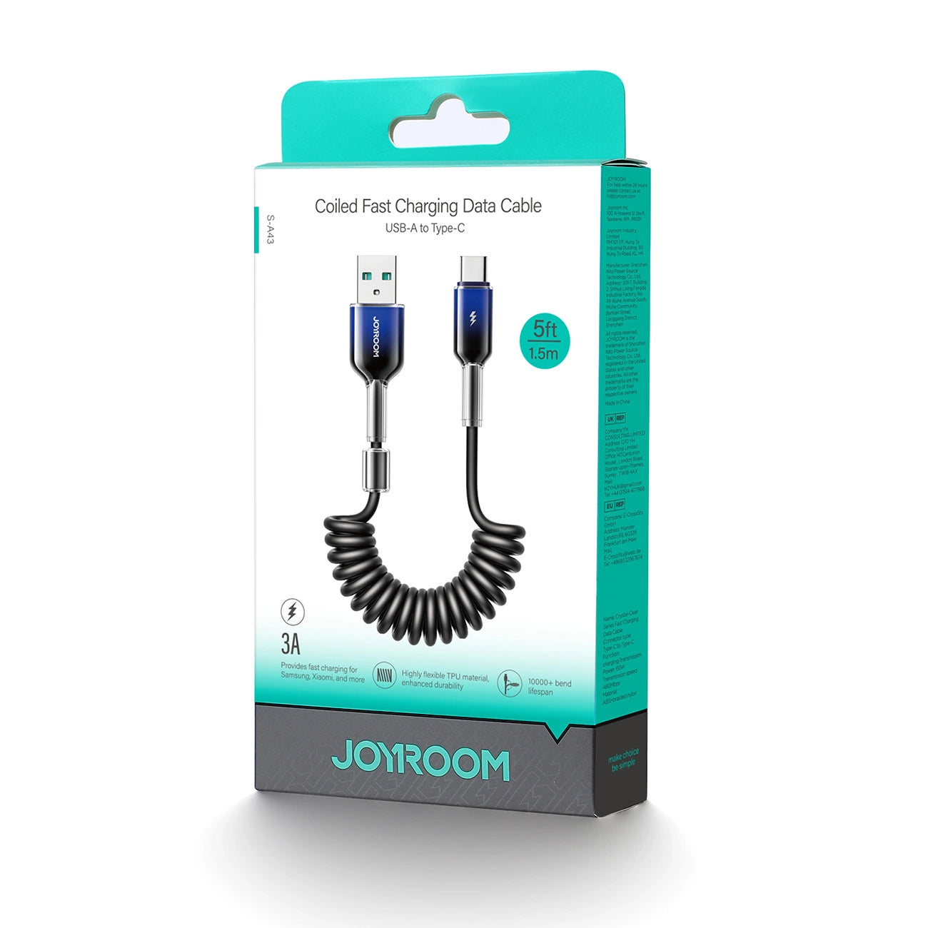 Joyroom S-A43 Crystal-Clear Serie 3A USB-A – USB-C Spiralkabel 1,5 m – Schwarz