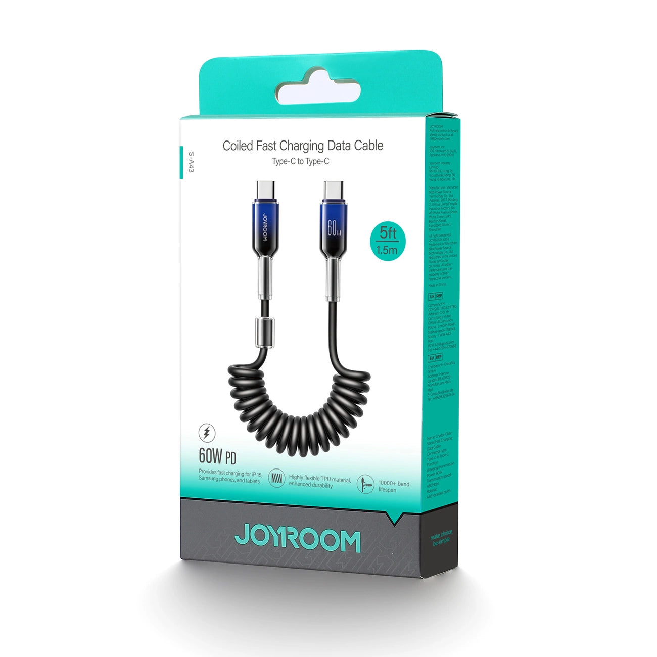 Joyroom S-A43 Crystal-Clear Series 60W USB-C - USB-C Spiralkabel 1,5 m - schwarz