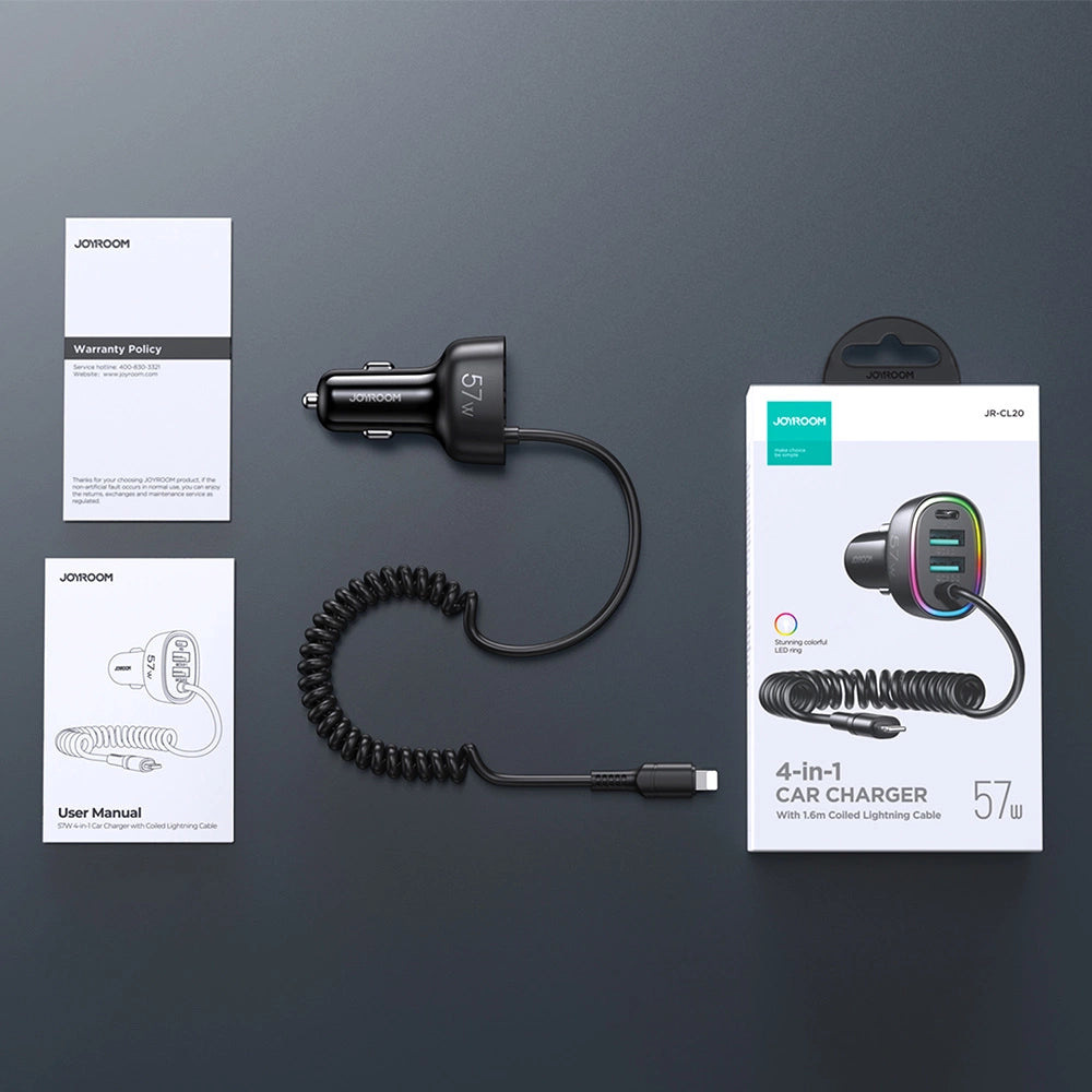 Joyroom schnelles Autoladegerät 4 in 1 PD, QC3.0, AFC, FCP mit Lightning Kabel 1,6 m 57 W schwarz (JR-CL20)