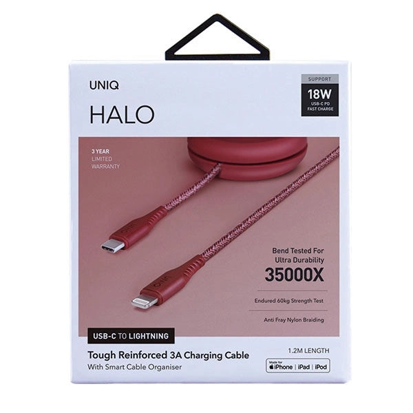 MFi Uniq Halo USB-C / Lightning 18W Nylon-Spiralkabel 1,2 m – rot