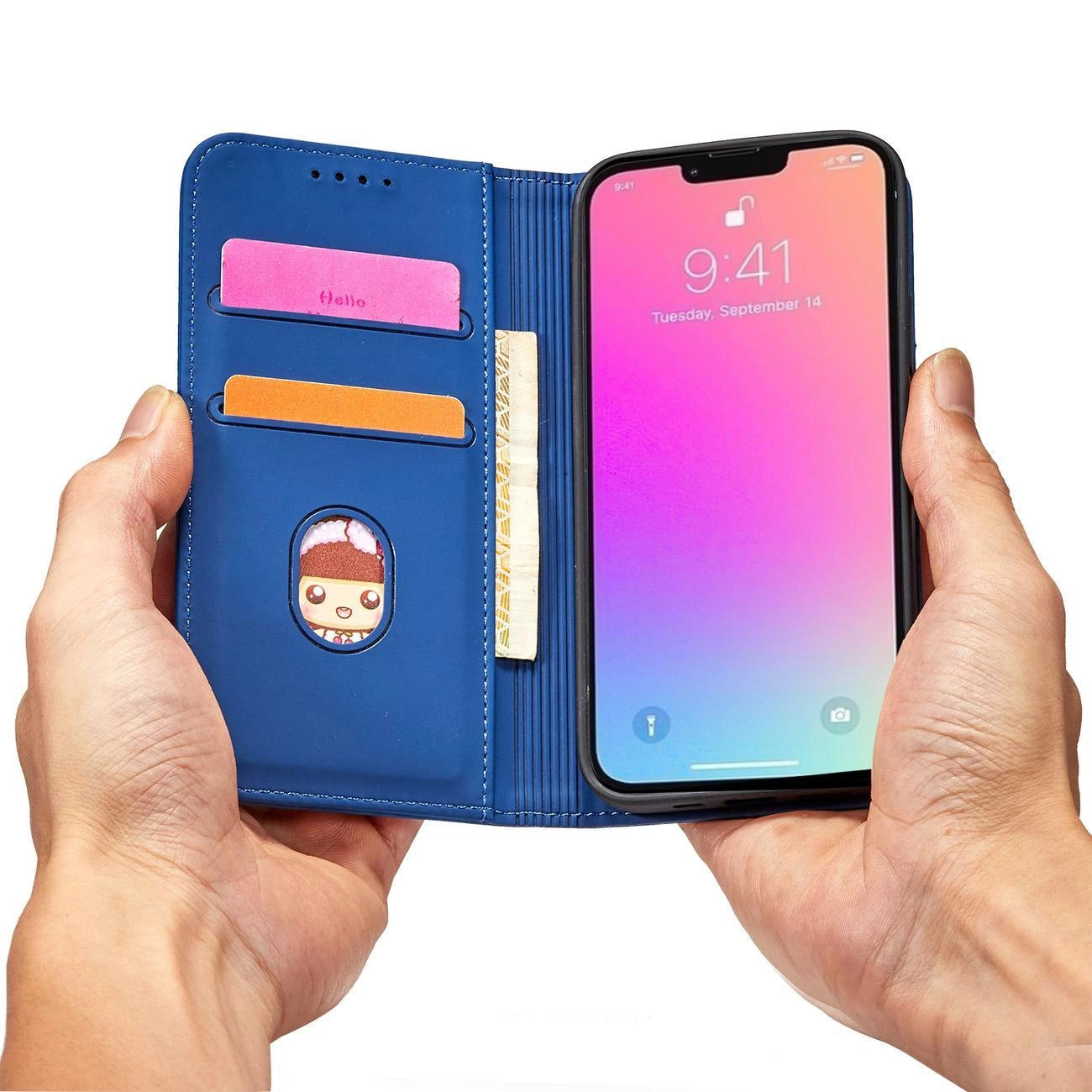 Magnet Card Case Hülle für iPhone 14 Pro Flip Cover Wallet Stand blau