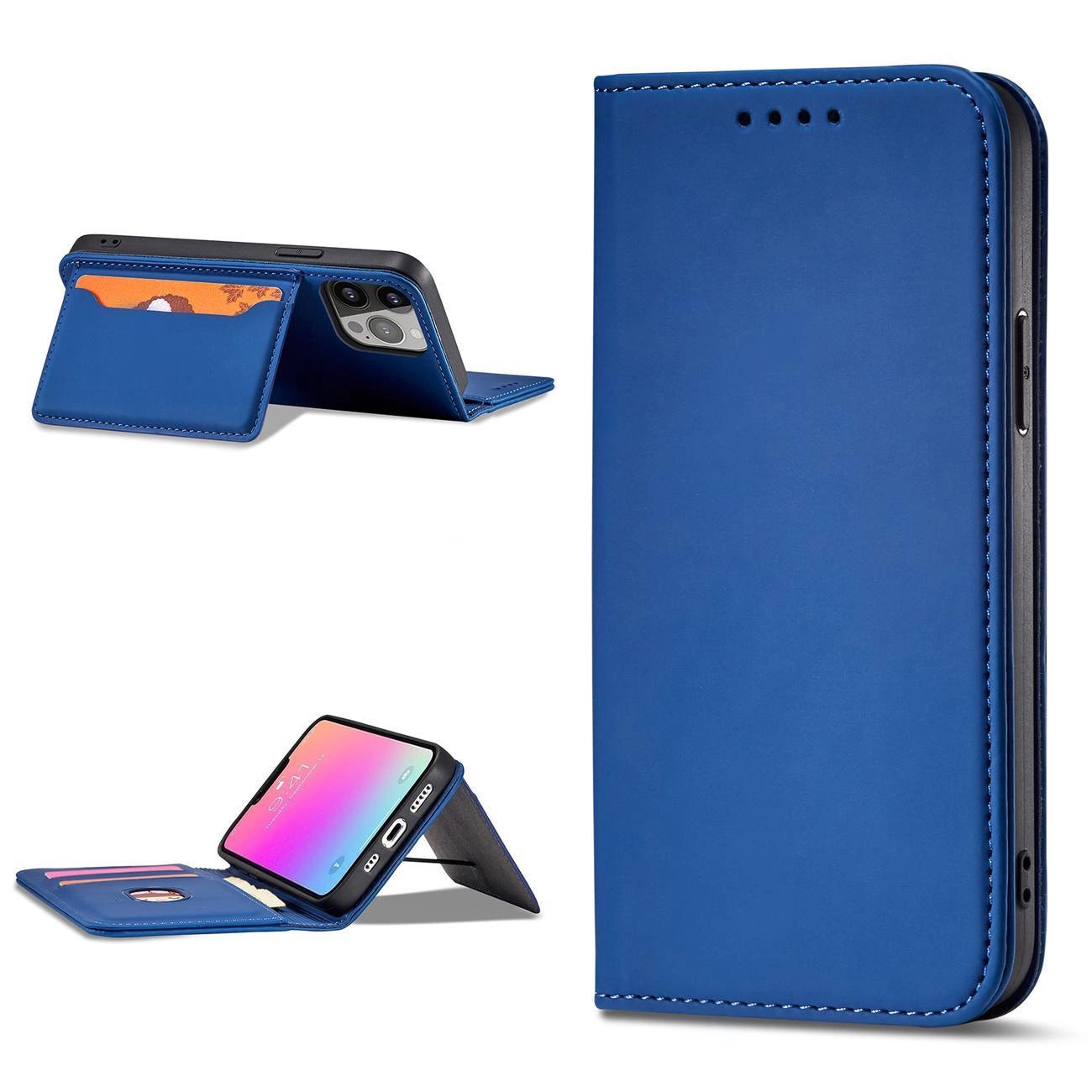 Magnet Card Case Hülle für iPhone 14 Pro Flip Cover Wallet Stand blau