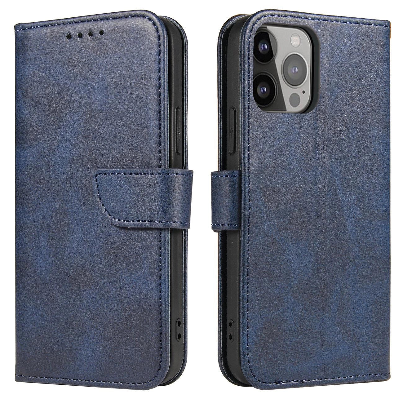 Magnet Case elegante Hülle mit Überschlag und Standfunktion für iPhone 14 Max blau